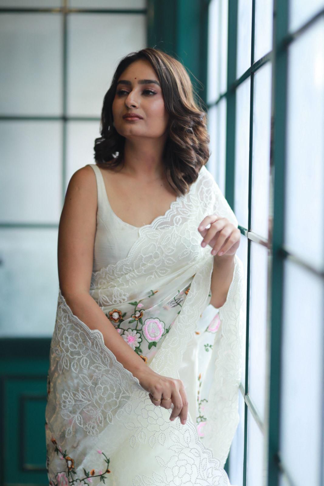 Shinning Silk Jimmy Choo Saree with Heavy Embroidery Jaal & Arca Cut Border