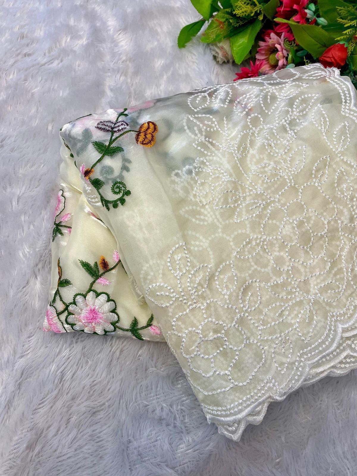 Shinning Silk Jimmy Choo Saree with Heavy Embroidery Jaal & Arca Cut Border