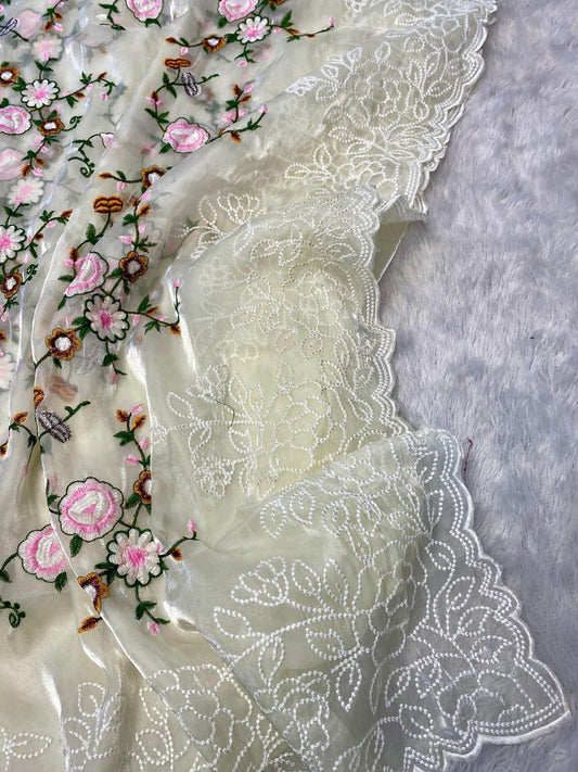 Shinning Silk Jimmy Choo Saree with Heavy Embroidery Jaal & Arca Cut Border