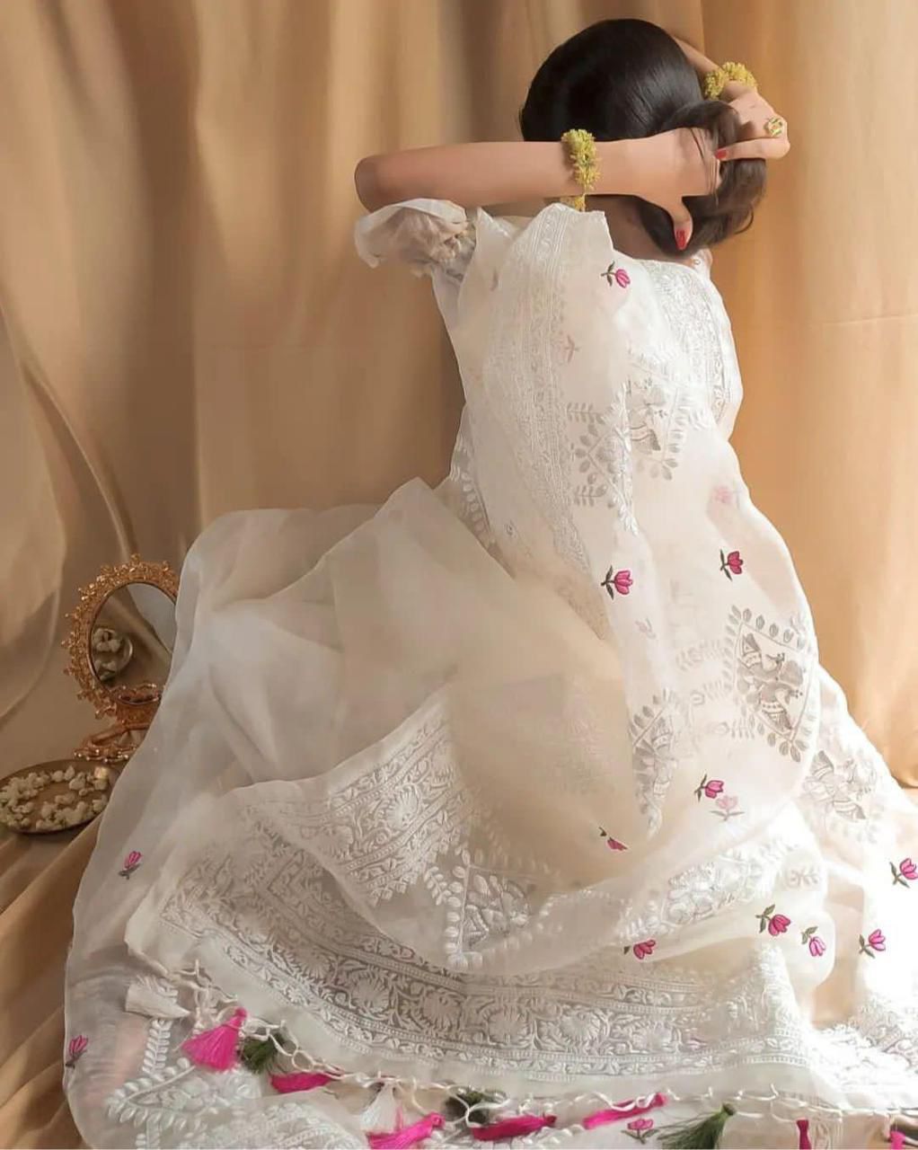 Pure Soft Off-White Silk Organza Saree with Lucknowi Embroidery