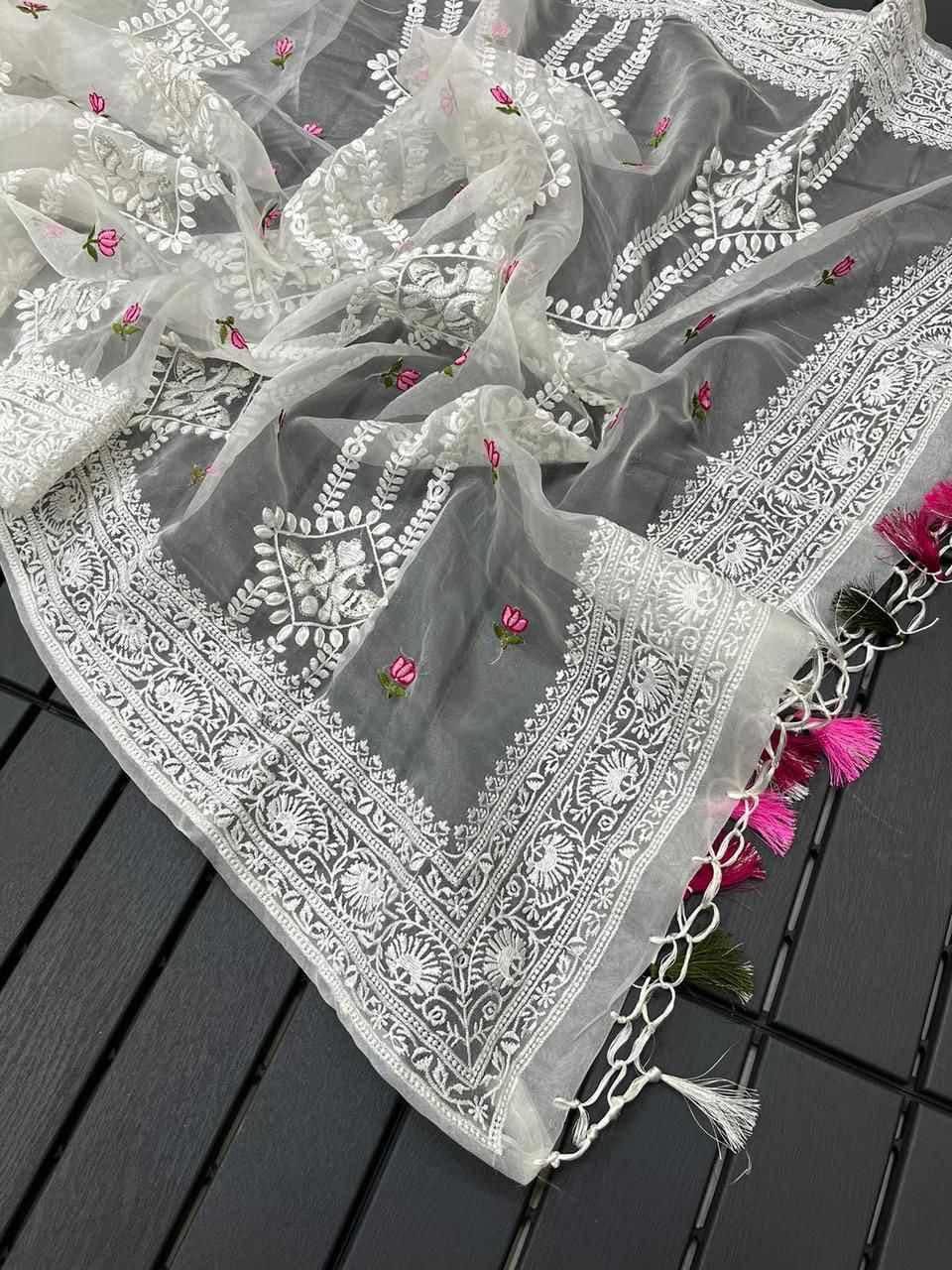 Pure Soft Off-White Silk Organza Saree with Lucknowi Embroidery