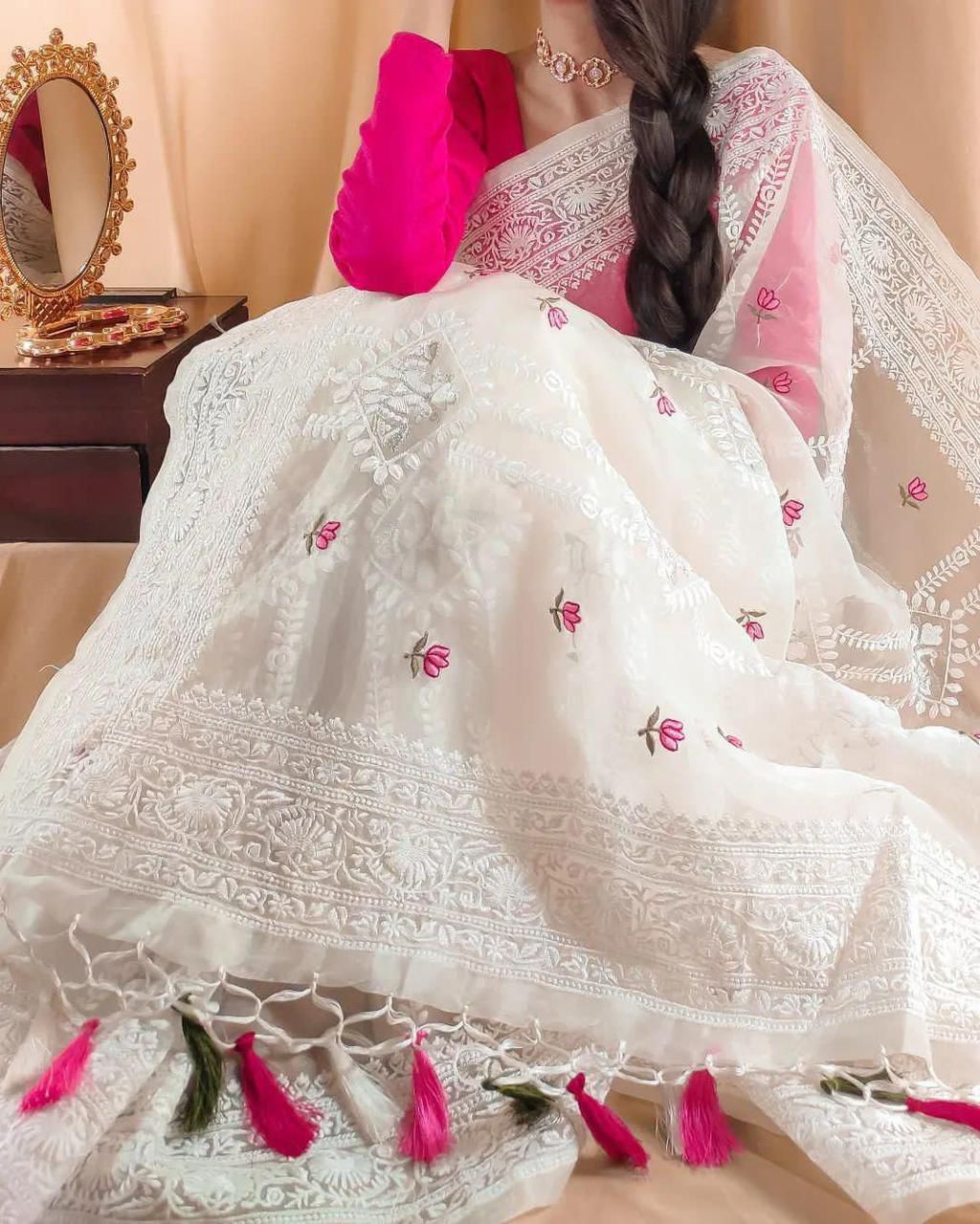 Pure Soft Off-White Silk Organza Saree with Lucknowi Embroidery