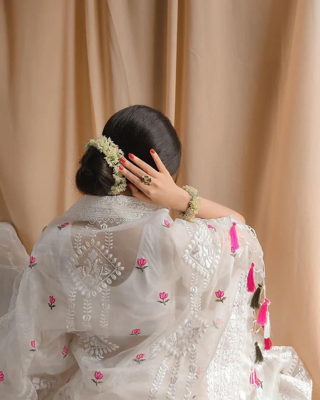 Pure Soft Off-White Silk Organza Saree with Lucknowi Embroidery