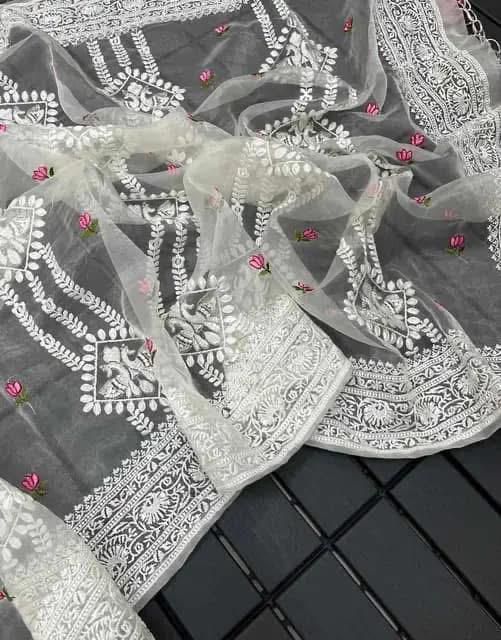 Pure Soft Off-White Silk Organza Saree with Lucknowi Embroidery