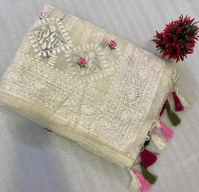 Pure Soft Off-White Silk Organza Saree with Lucknowi Embroidery