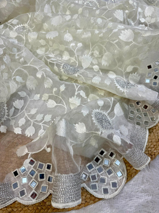 Designer Organza Saree with Thread Jaal Work, Siroski & Mirror Embellishments