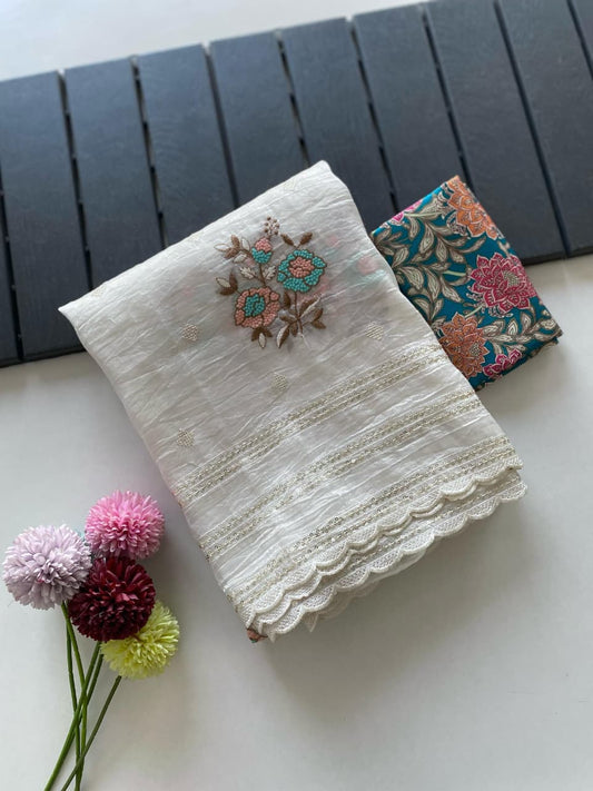 Premium Crush Organza Saree with Self Sequins & Kalamkari Blouse