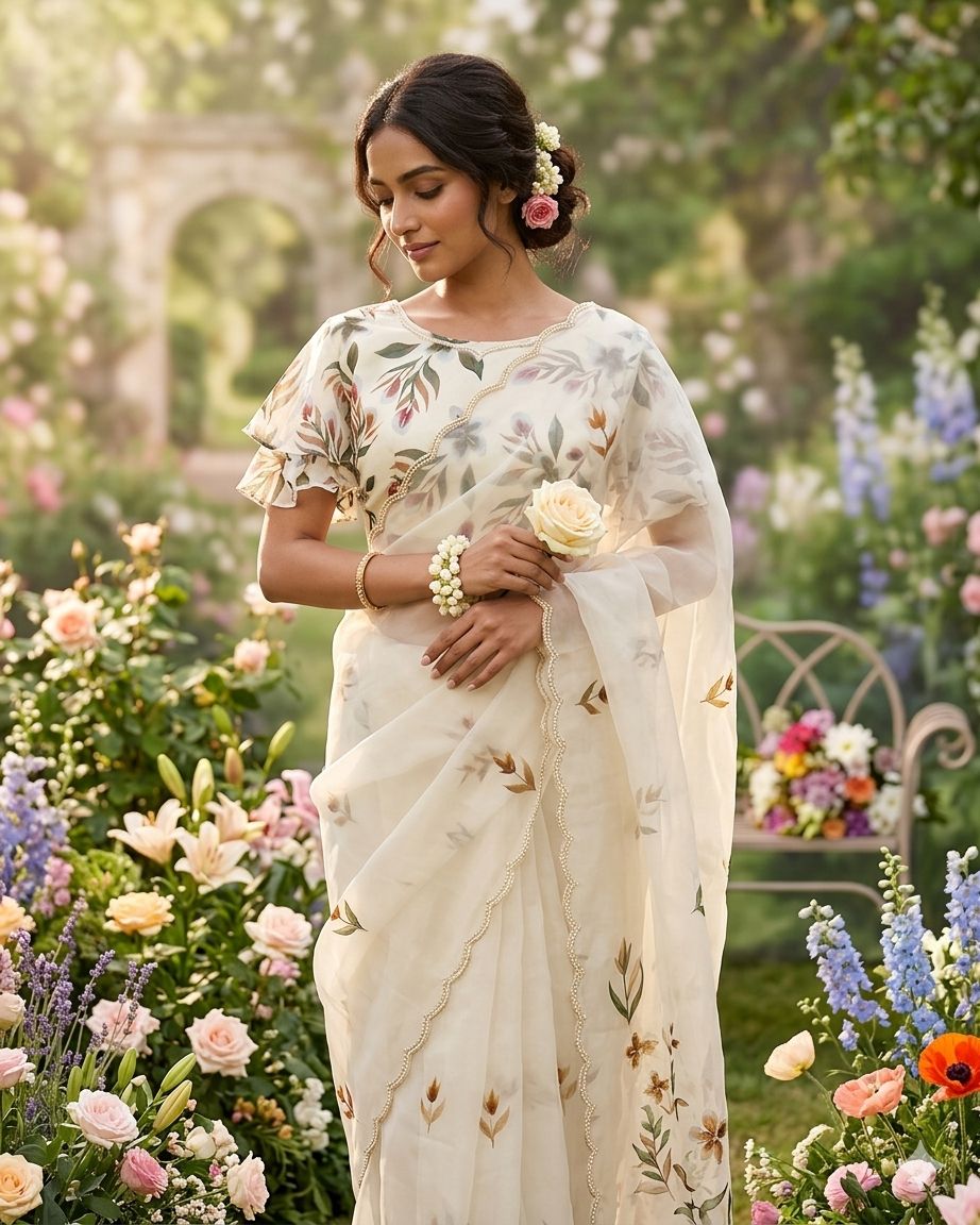 Elegant Floral Handprint Organza Saree with Pearl & Cutdana Handwork