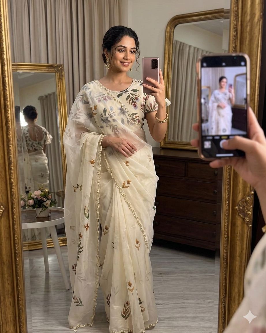 Elegant Floral Handprint Organza Saree with Pearl & Cutdana Handwork