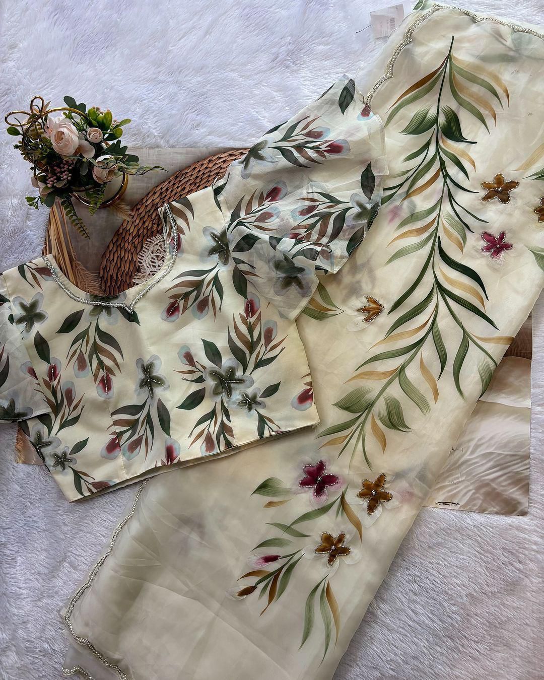 Elegant Floral Handprint Organza Saree with Pearl & Cutdana Handwork