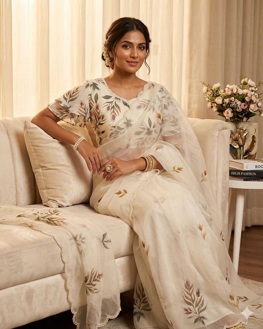 Elegant Floral Handprint Organza Saree with Pearl & Cutdana Handwork