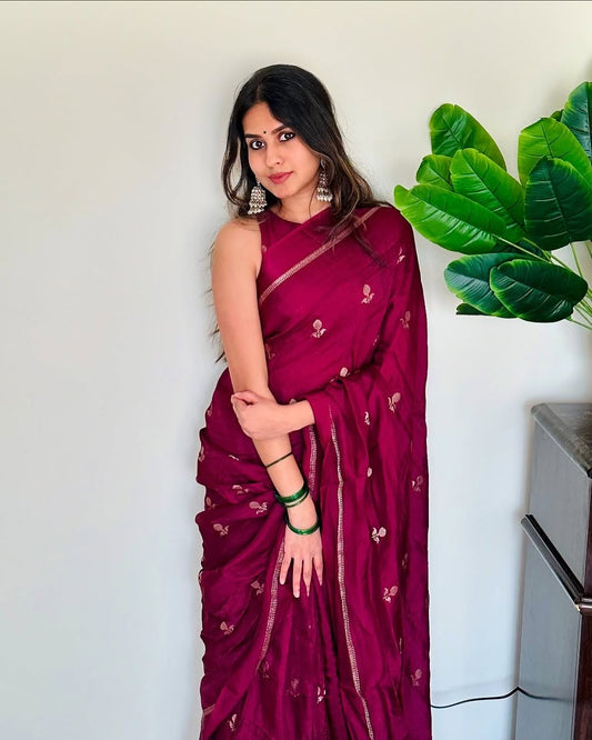 Wine color Premium Viscose Khadi Silk Saree with Satin Border & Jacquard Leaf Design