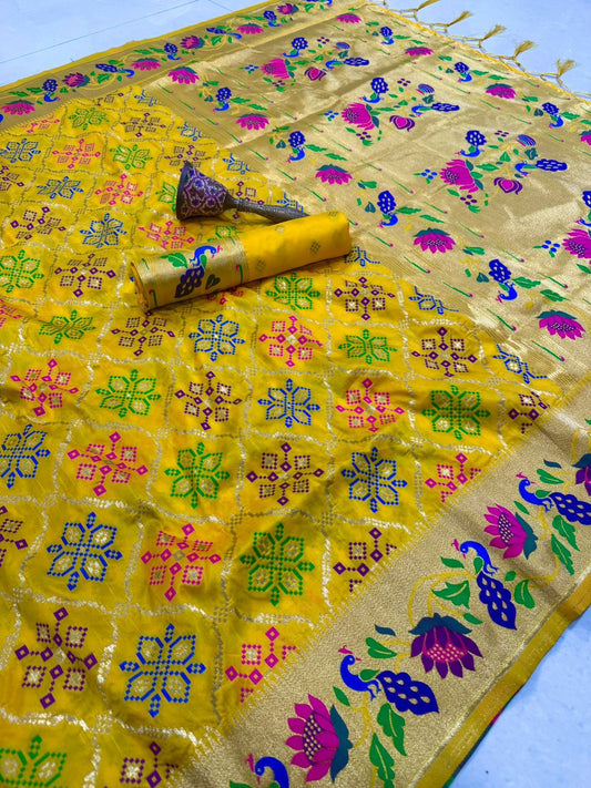 Yellow Pure Soft Kanchivaram Patola Paithani Silk Saree