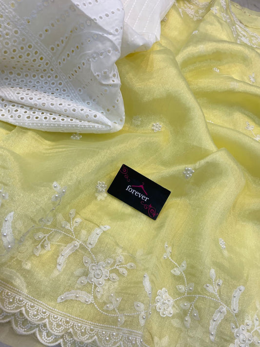 Pure Khadi Organza Saree with Elegant Embroidery & Chicken Work Blouse – Lightweight Festive Designer Saree