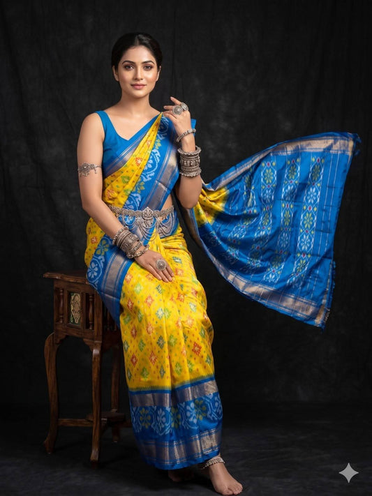 Yellow with sky blue border Kalamkari Designer Dola Silk Saree with Jacquard Weaving Border (Copy)