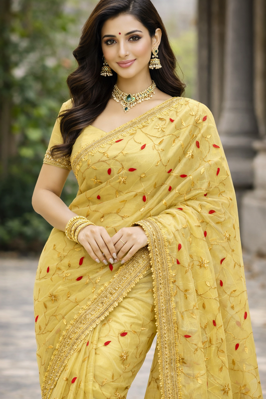 Yellow Organza Gota Work Saree – Elegant Partywear Collection