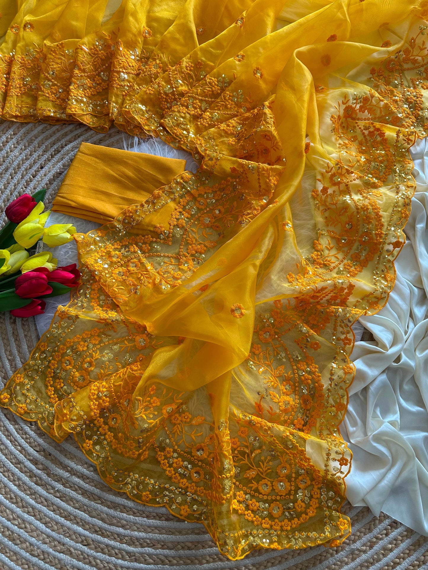 Yellow Pure Organza Saree with Elegant Embroidery Sequins Border