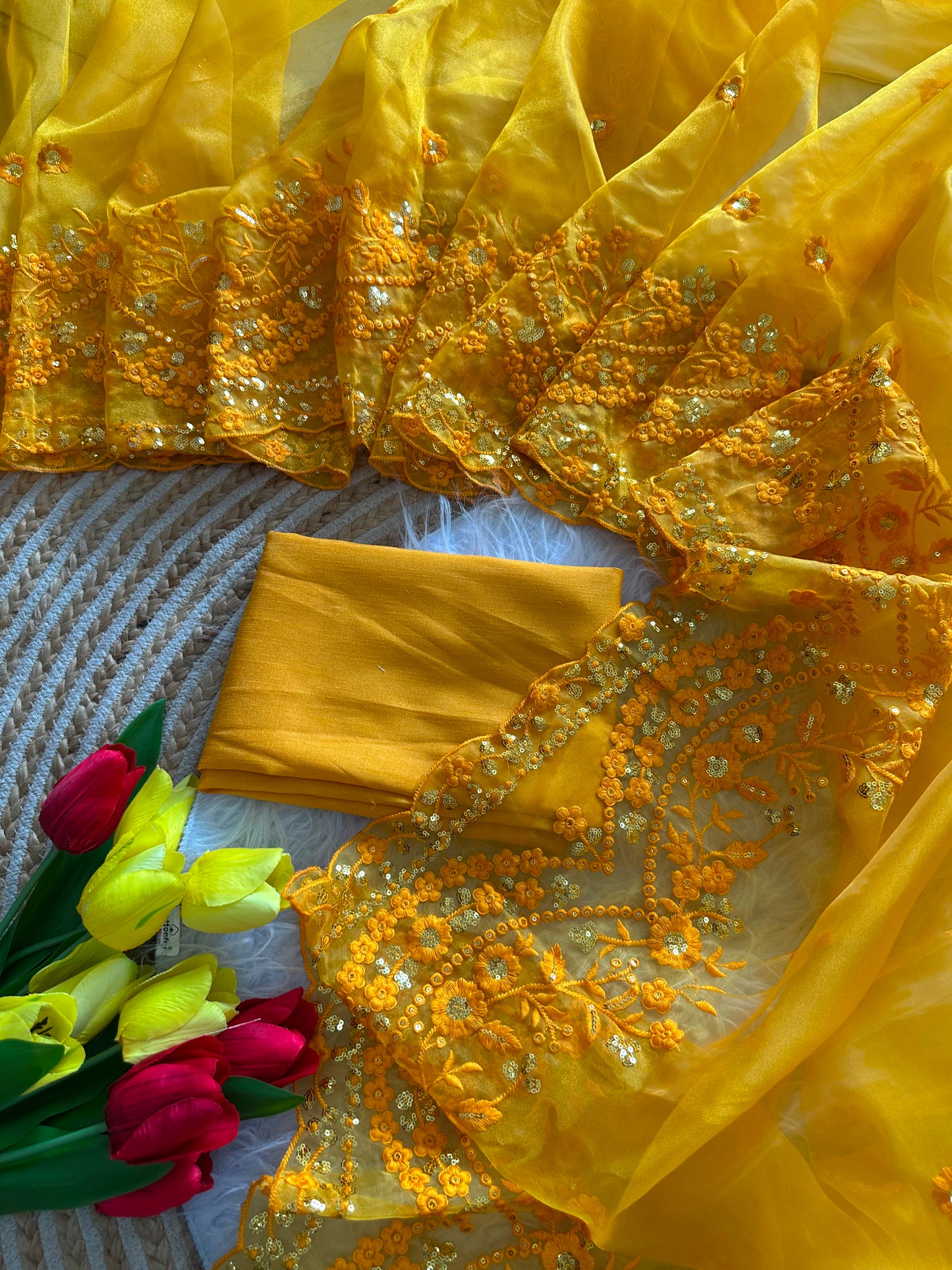 Yellow Pure Organza Saree with Elegant Embroidery Sequins Border