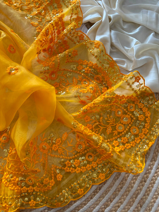 Yellow Pure Organza Saree with Elegant Embroidery Sequins Border