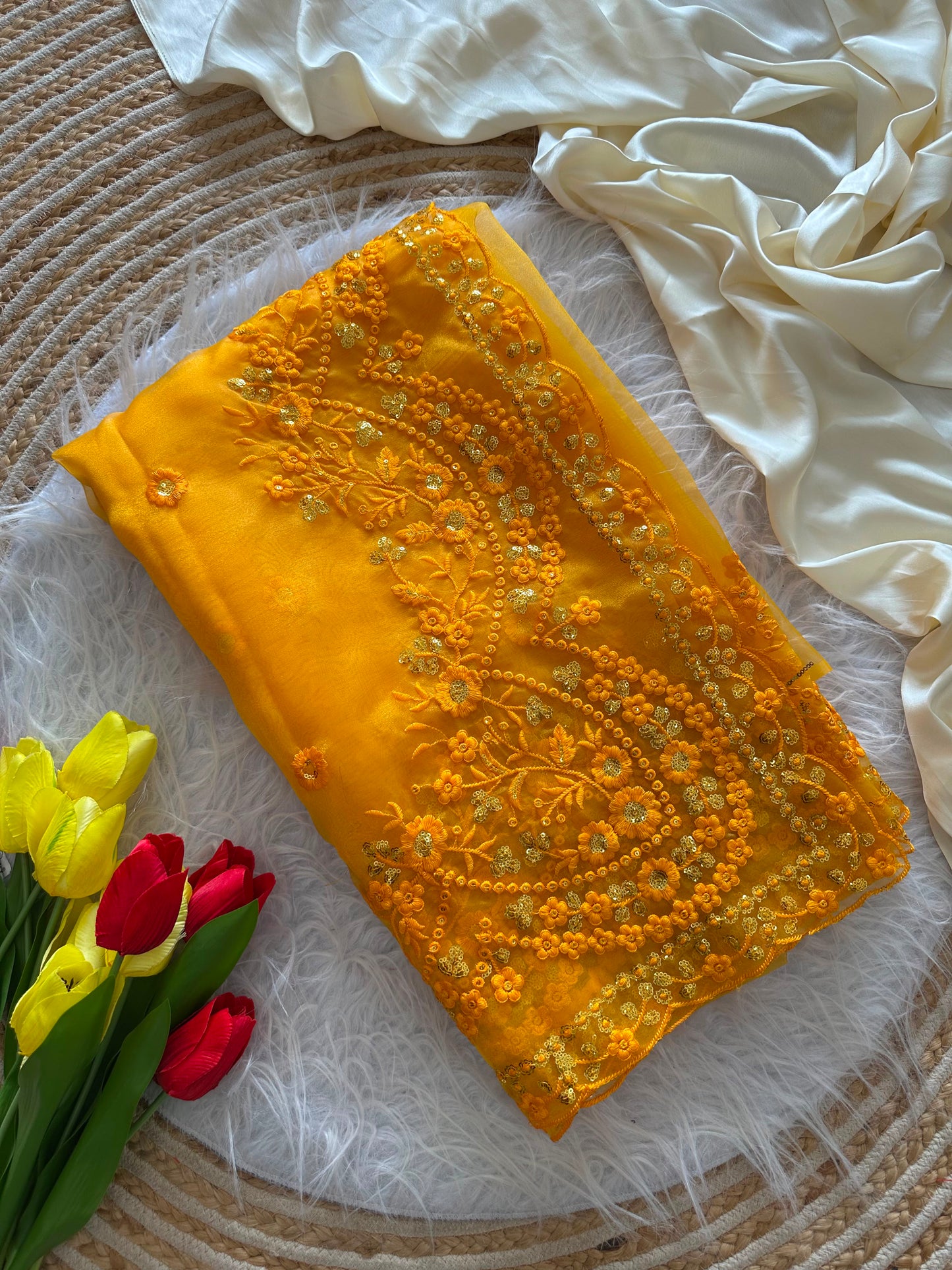 Yellow Pure Organza Saree with Elegant Embroidery Sequins Border