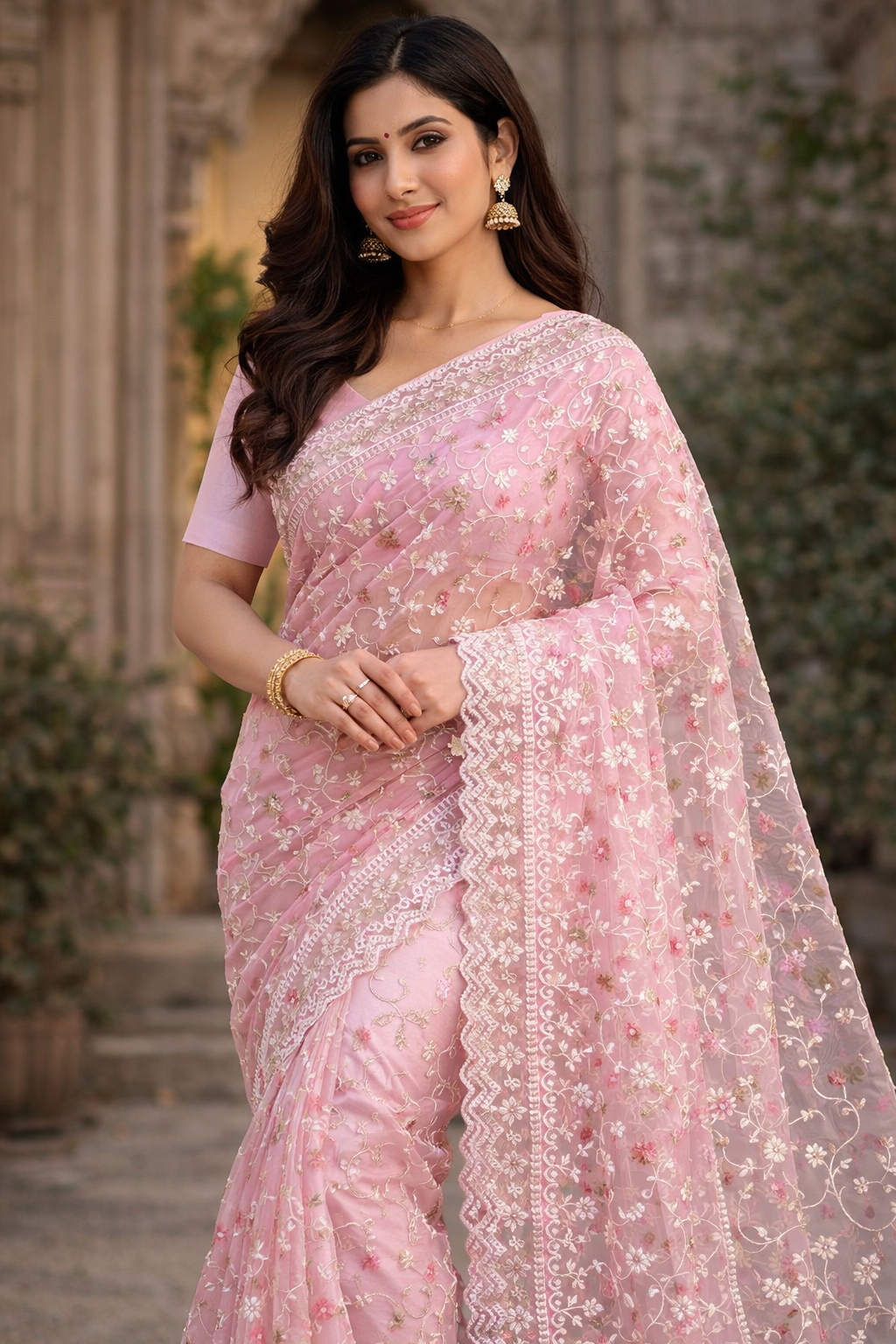 Exclusive Pure Organza Silk Saree with Digital Floral Print & Chikankari Work