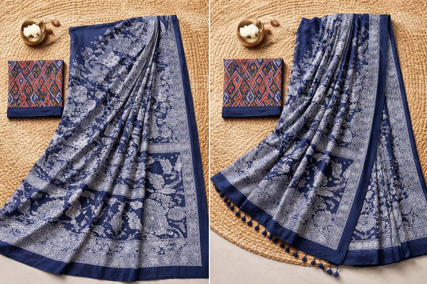 Elegant Tasar Silk Kalamkari Saree with Ikkat Blouse – A Perfect Blend of Tradition & Sophistication
