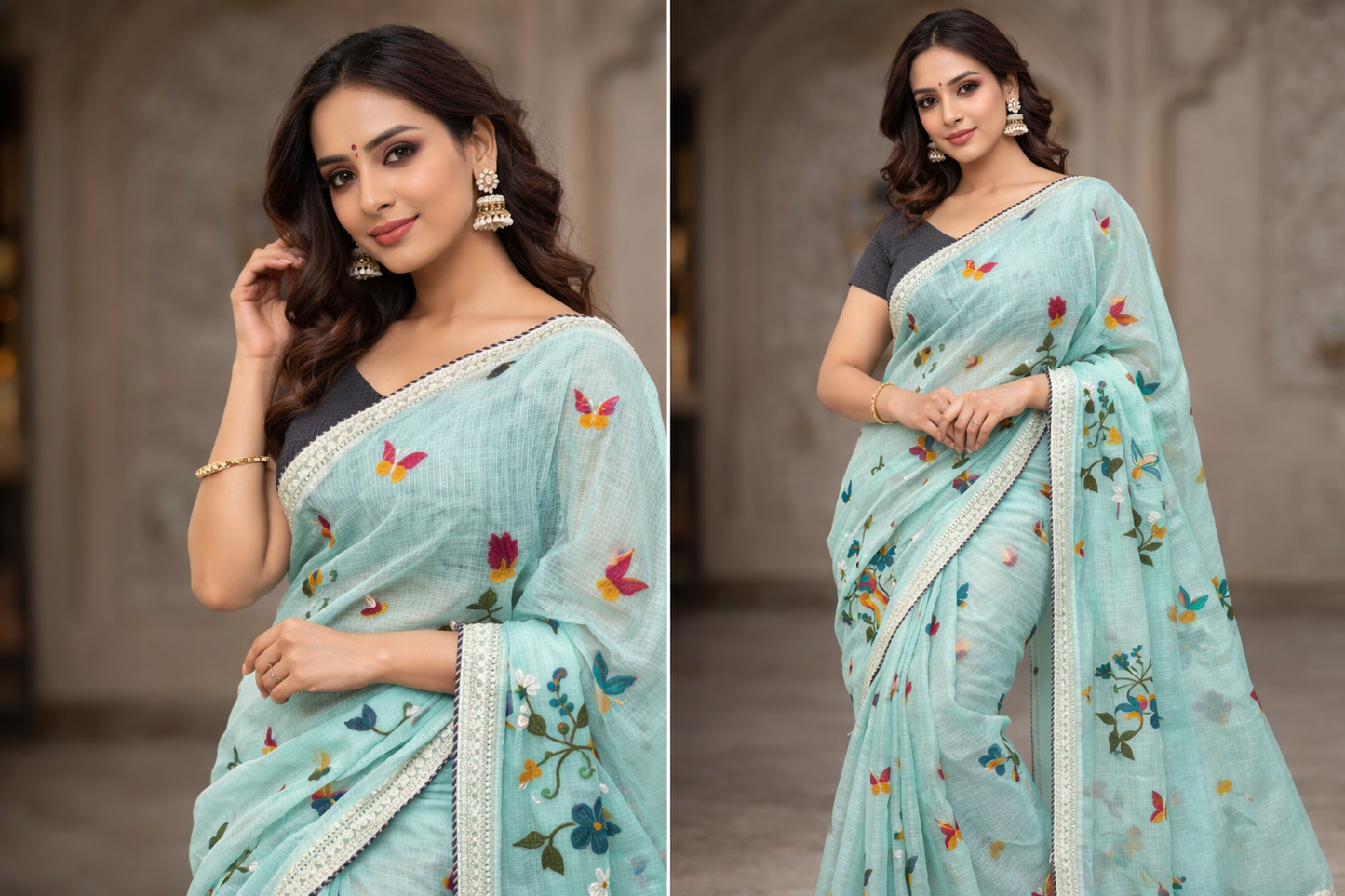 Elegant Premium Kota Saree with Floral Embroidery & Crochet Lace Border