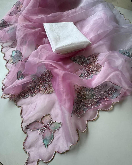Pure Organza Butterfly Hand-Print Saree with Multicolor Pearl Work