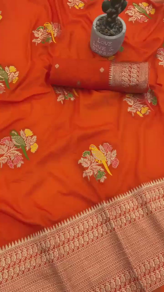 Orange Hand Dyed Parrot Meenakari Khaddi Crepe Georgette Saree