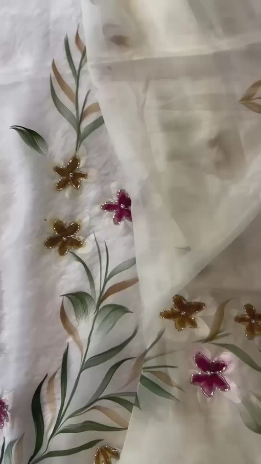 Elegant Floral Handprint Organza Saree with Pearl & Cutdana Handwork