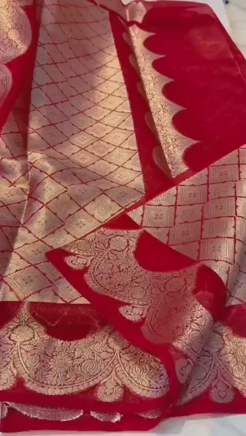 Banarasi Soft Kora Organza Silk Saree with All Over Weaving Design & Border Blouse | Lightweight Festive Organza Saree