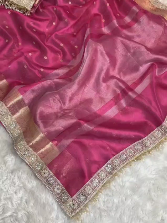 Soft Banarasi Tissue Silk Saree – Pearl & Diamond Lace Luxury Collection